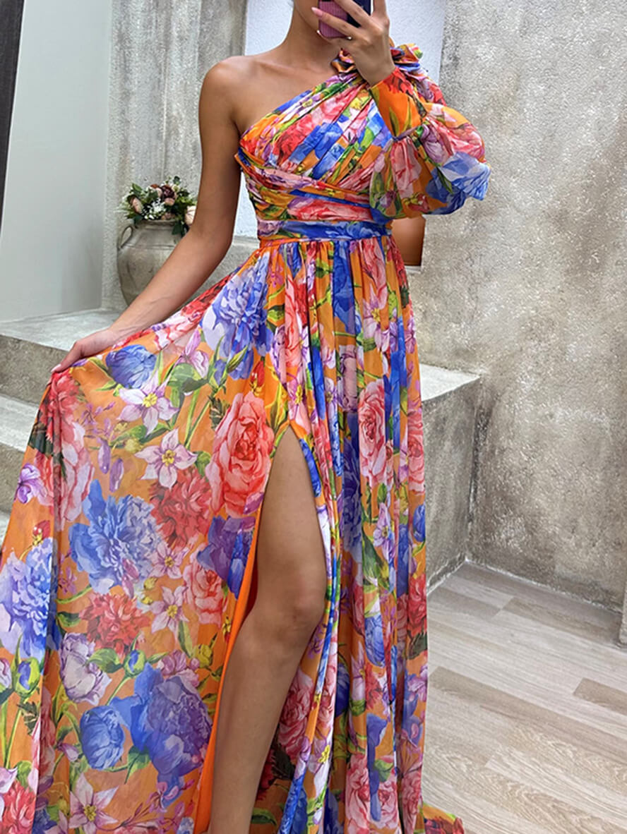 Women's Floral Maxi Dress | One-Shoulder Design & Side Slit