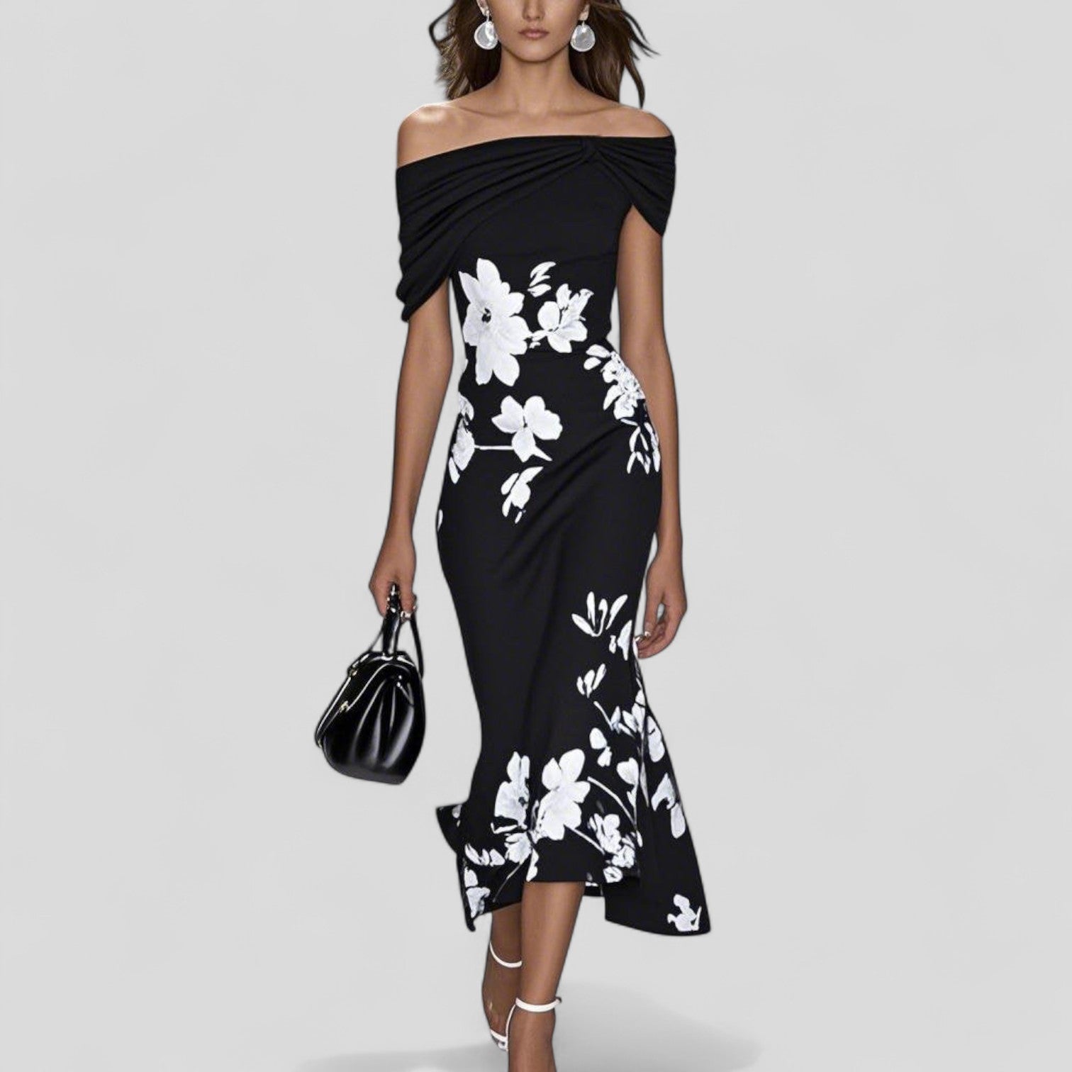 Women's Floral Midi Dress | Off Shoulder & Ruffle Hem Design