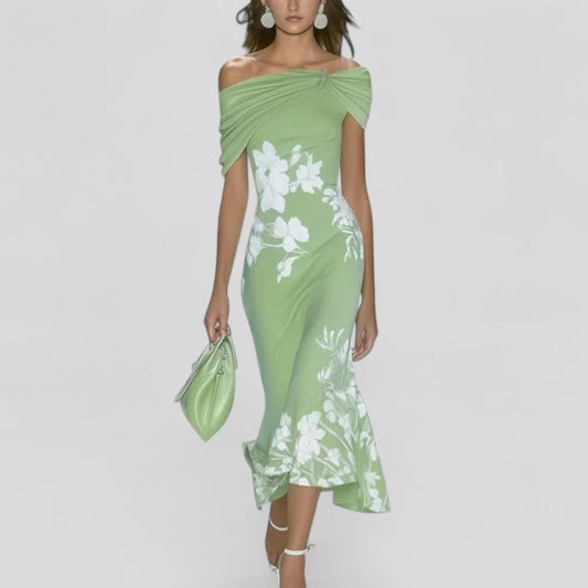 Women's Floral Midi Dress | Off Shoulder & Ruffle Hem Design