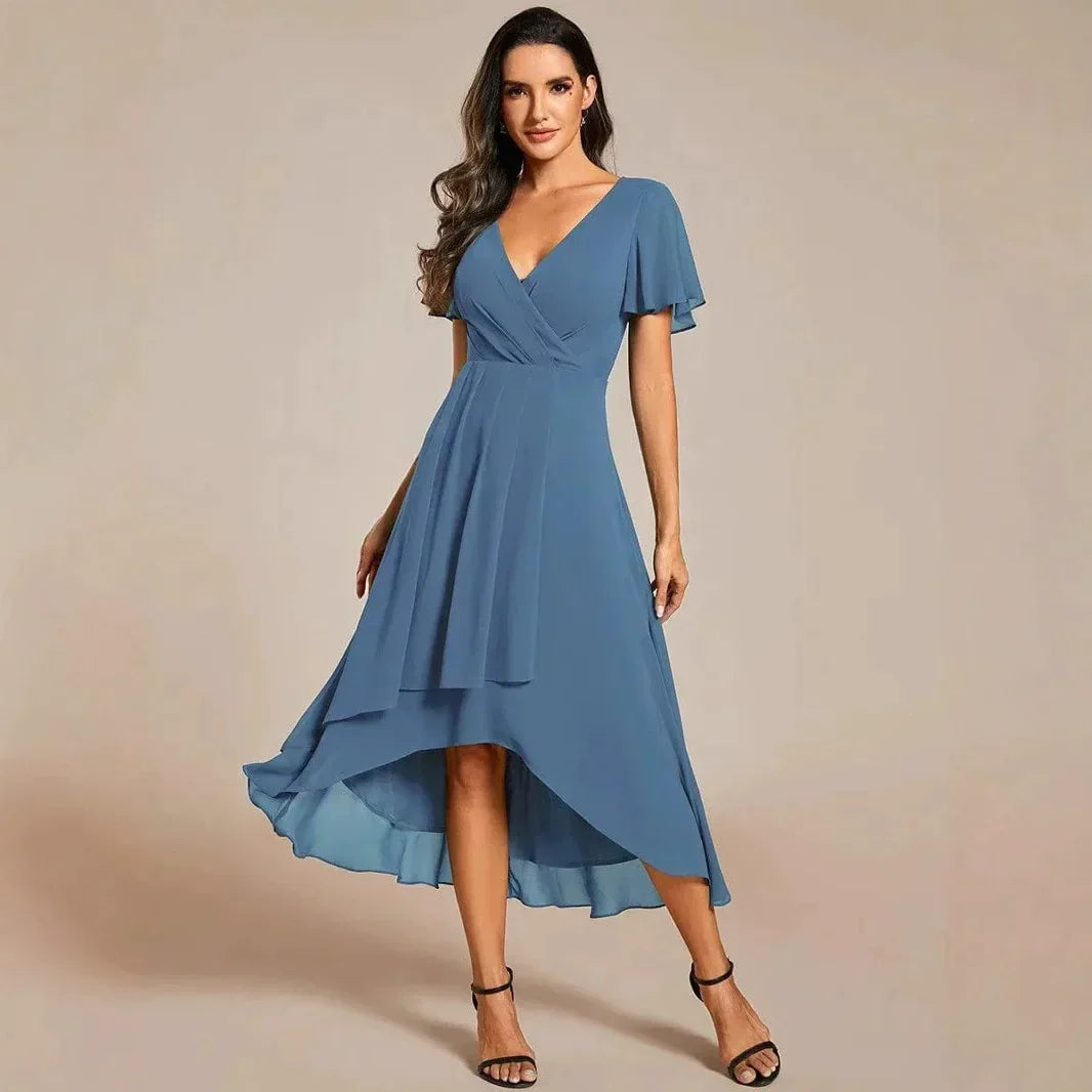 Women's Flowing Dress | Flutter Sleeves & High-Low Hem Elegance