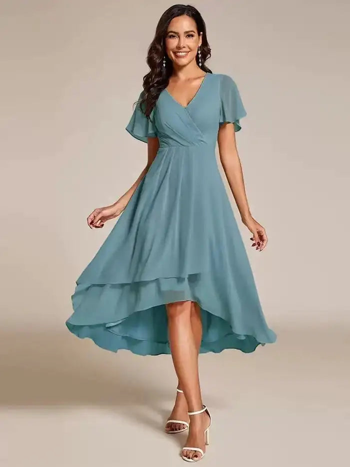 Women's Flowing Dress | Flutter Sleeves & High-Low Hem Elegance