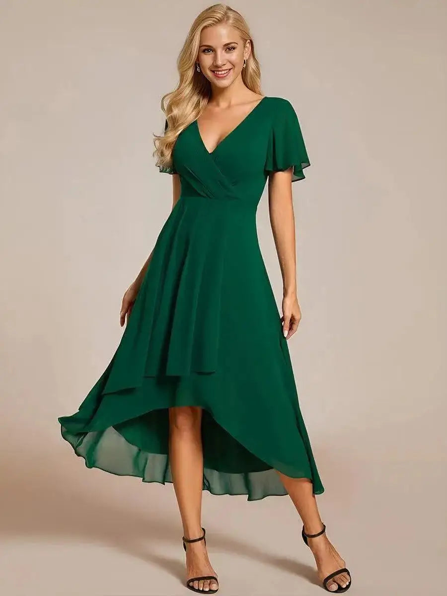 Women's Flowing Dress | Flutter Sleeves & High-Low Hem Elegance