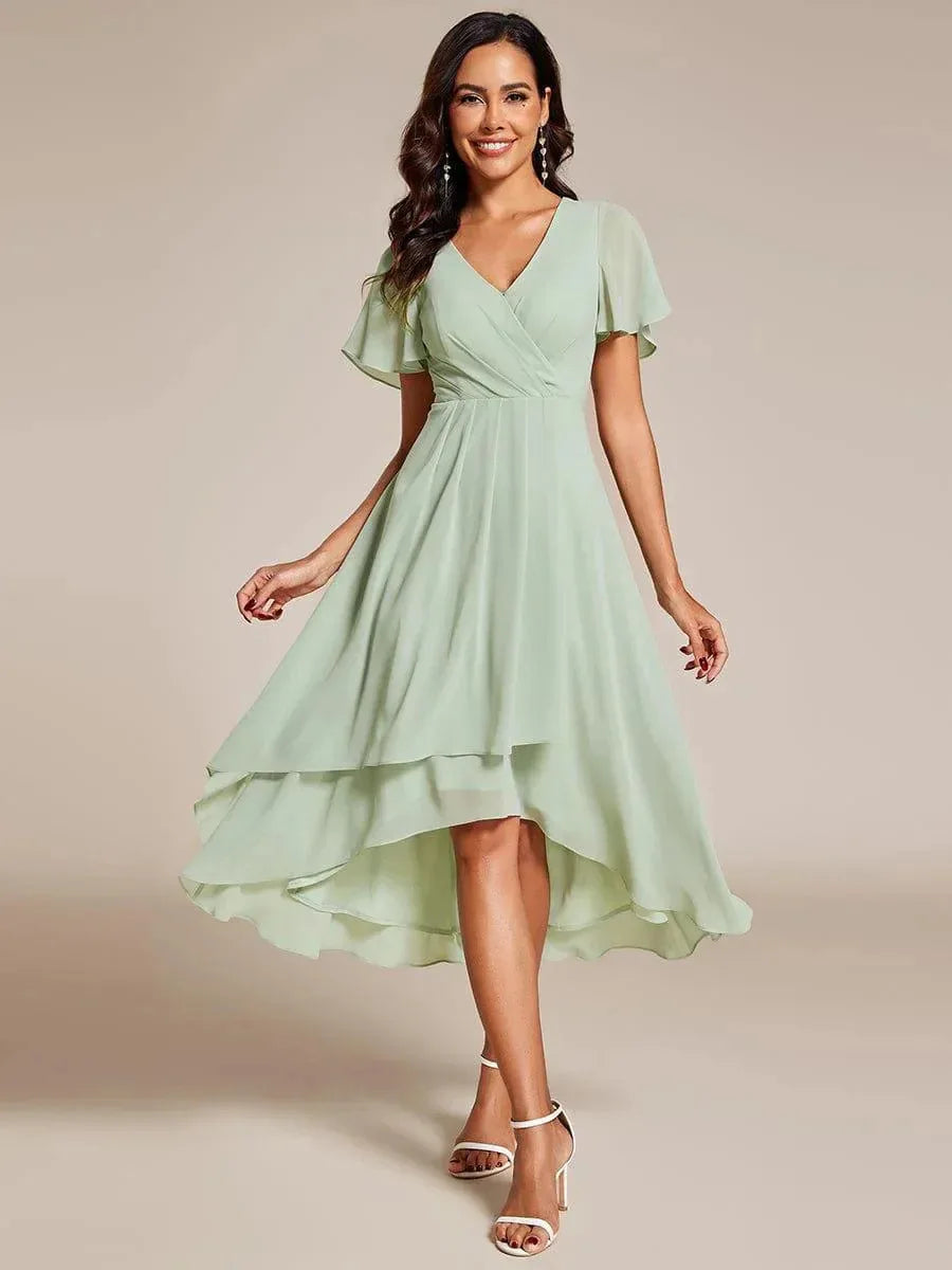 Women's Flowing Dress | Flutter Sleeves & High-Low Hem Elegance