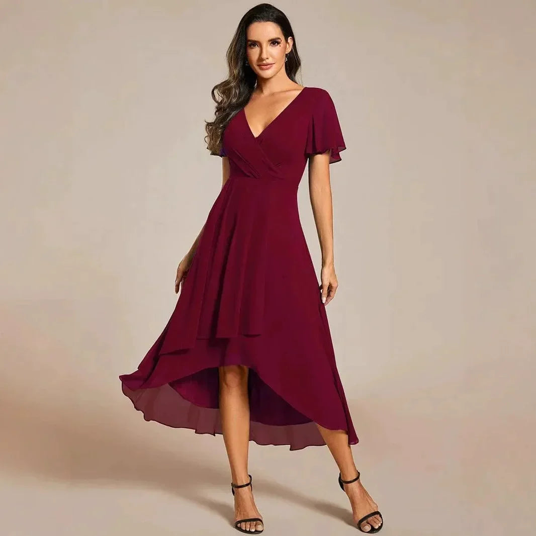 Women's Flowing Dress | Flutter Sleeves & High-Low Hem Elegance