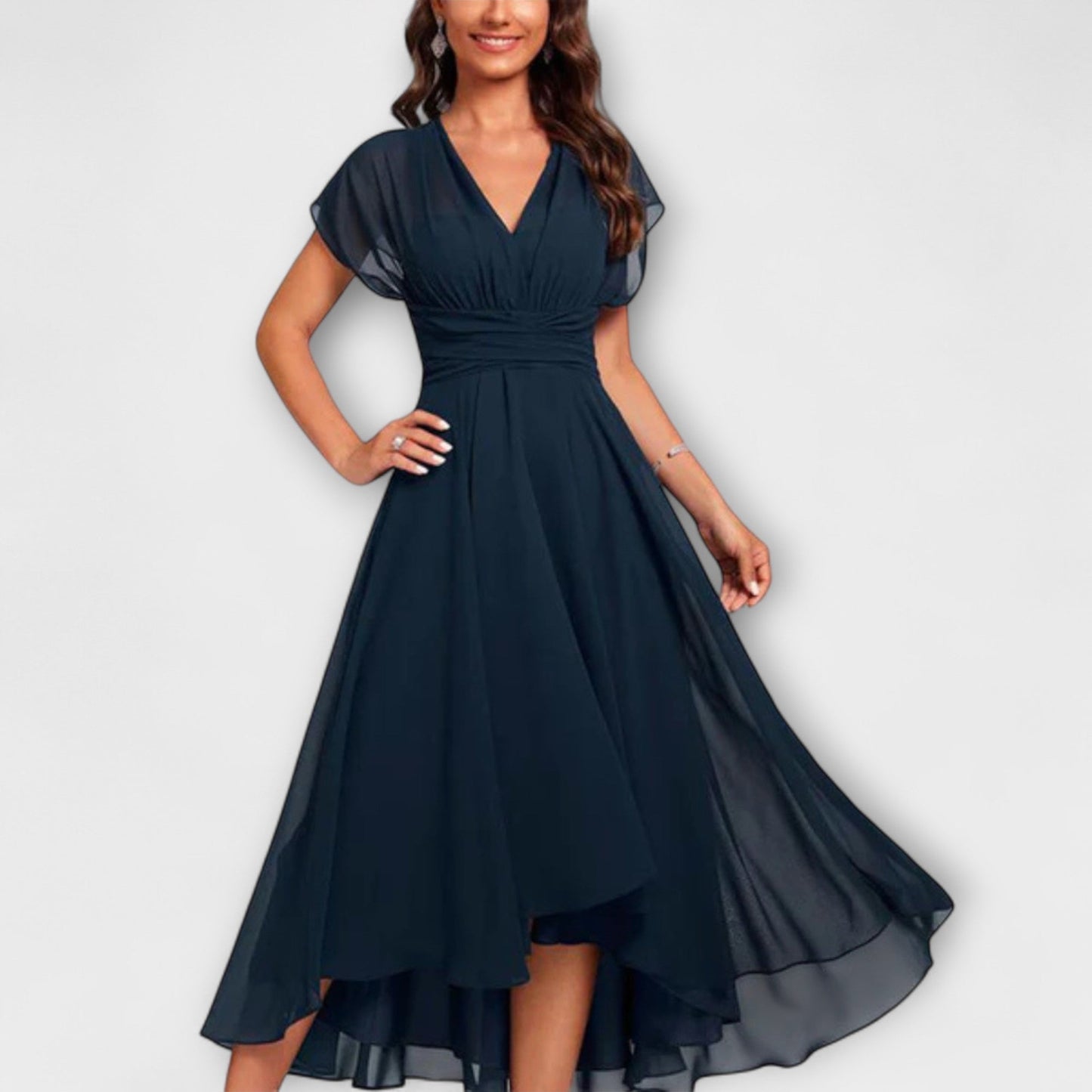 Women's Flowing Dress | Flutter Sleeves & High-Low Hem Elegance