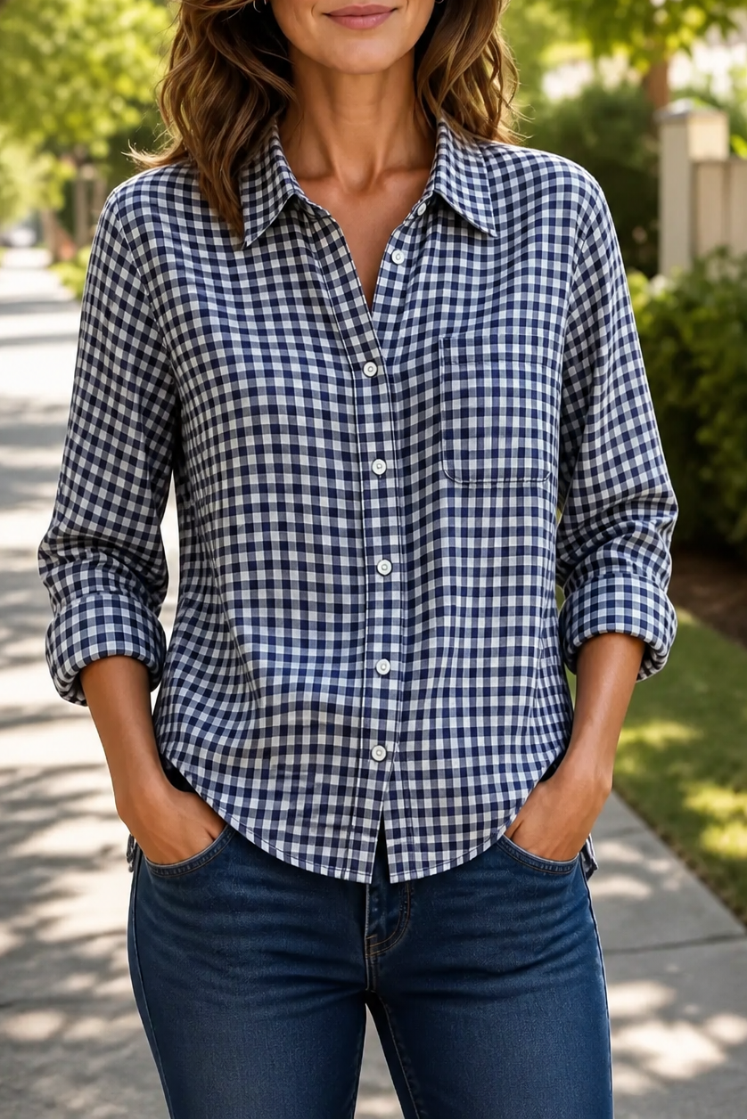 Women's Gingham Shirt | Curved Hem & Wrinkle-Resistant