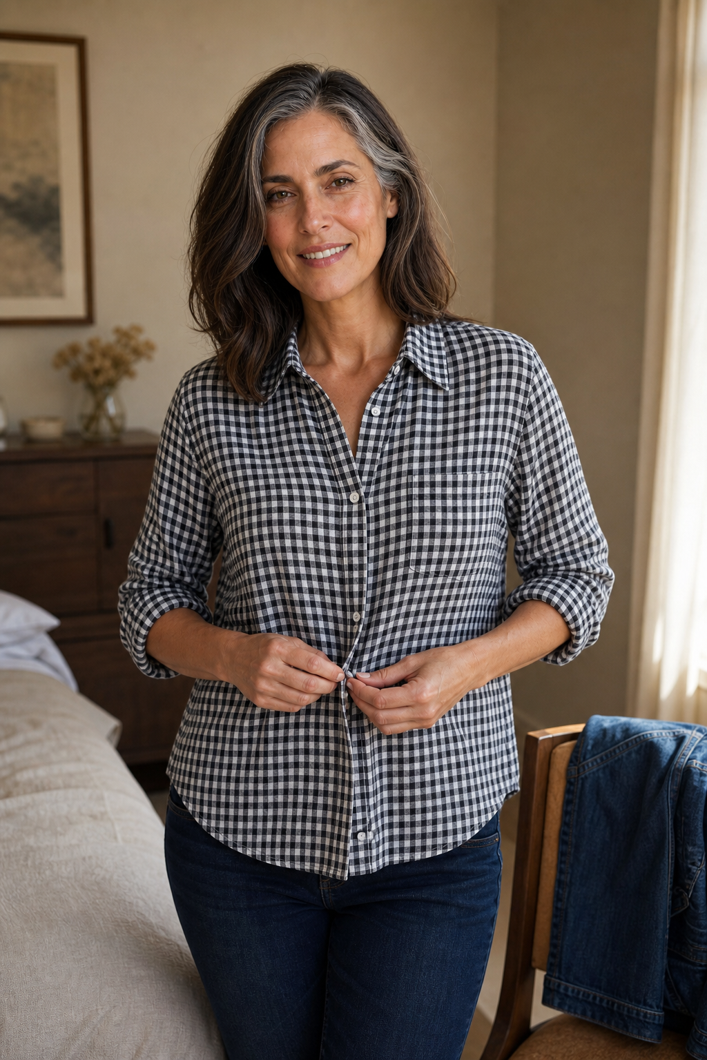 Women's Gingham Shirt | Curved Hem & Wrinkle-Resistant
