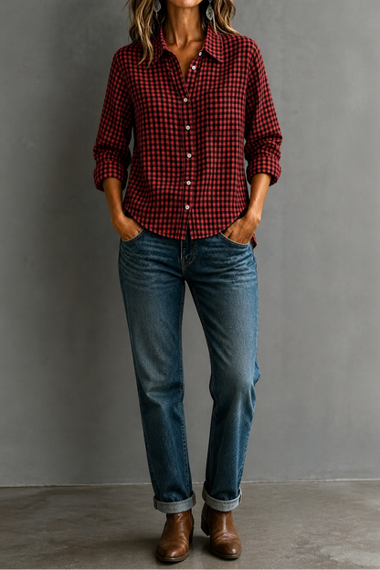 Women's Gingham Shirt | Curved Hem & Wrinkle-Resistant