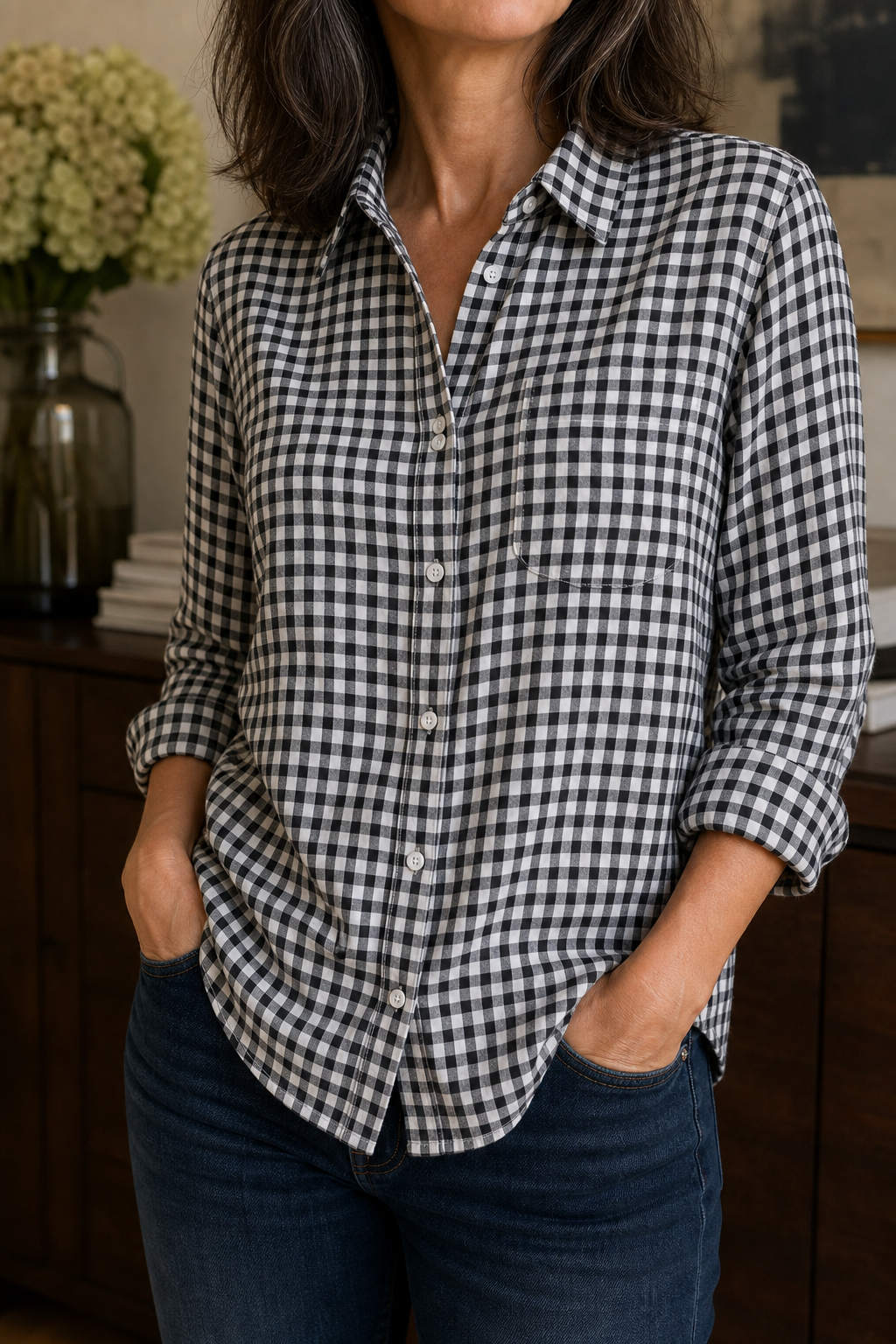Women's Gingham Shirt | Curved Hem & Wrinkle-Resistant