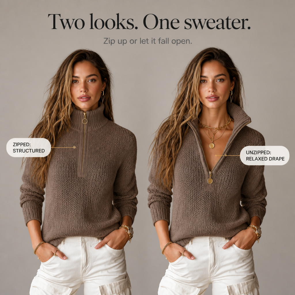 Women's Half-Zip Knit Sweater | Convertible Collar & Relaxed Fit