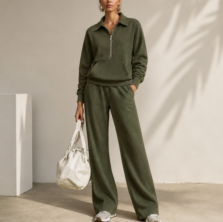 Women's Half-Zip Lounge Set | Soft Knit & Wide-Leg Comfort
