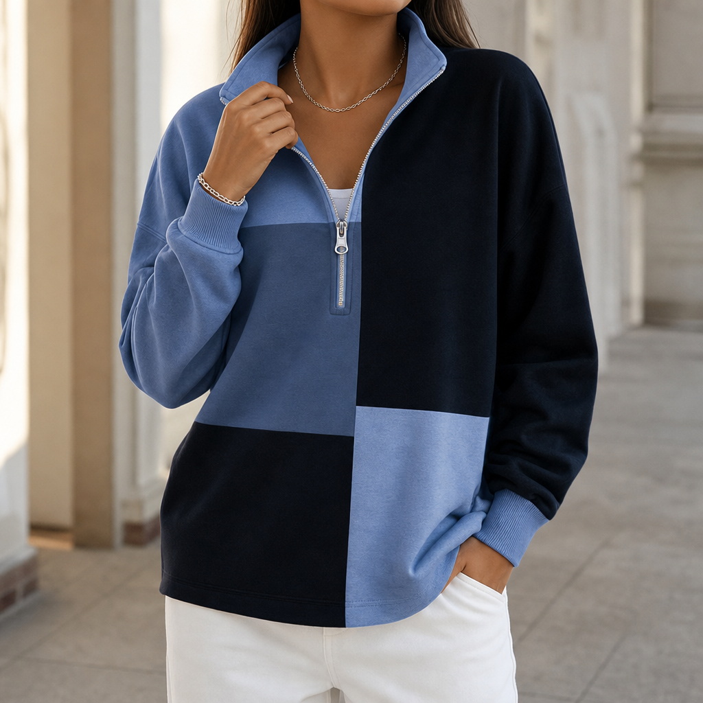 Women's Half-Zip Sweatshirt | Colorblock Plaid Design