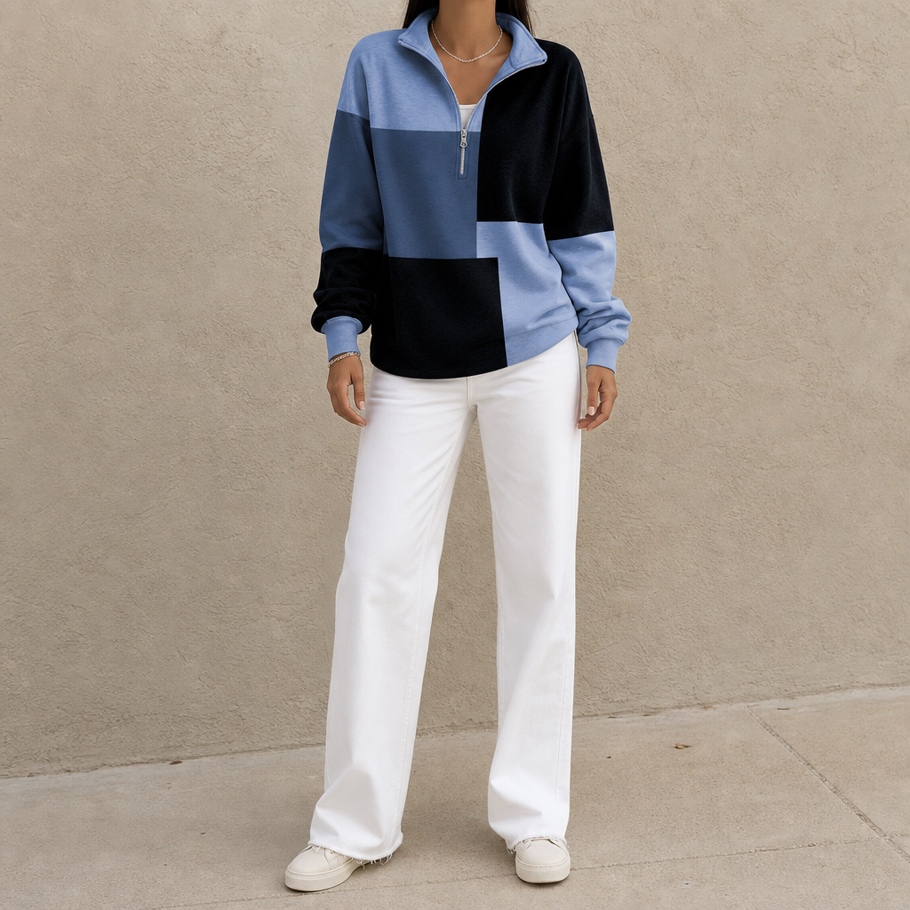 Women's Half-Zip Sweatshirt | Colorblock Plaid Design