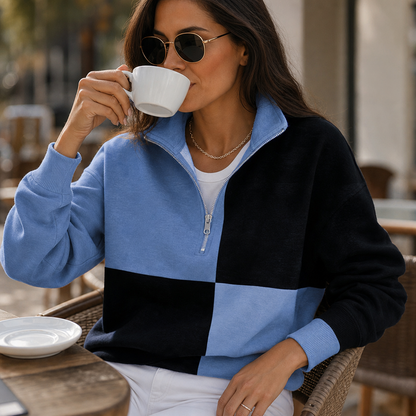 Women's Half-Zip Sweatshirt | Colorblock Plaid Design