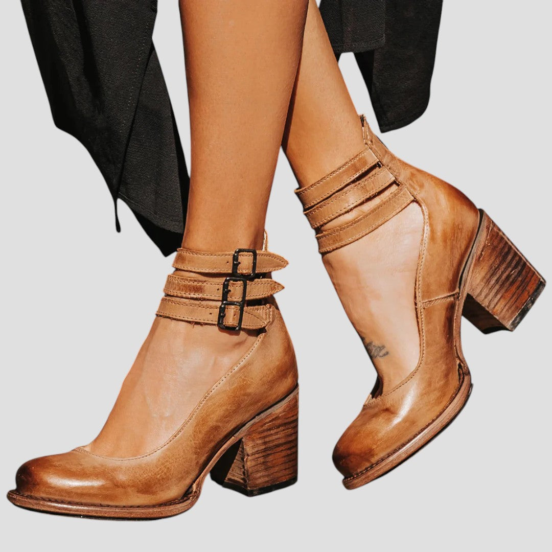 Women's Heel Shoes | Triple Buckle Ankle Strap & Block Heel
