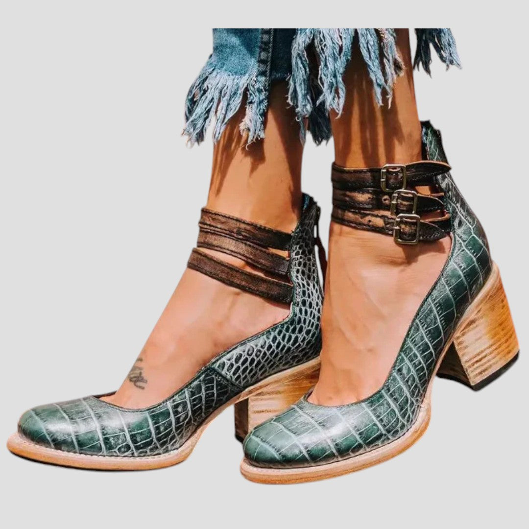 Women's Heel Shoes | Triple Buckle Ankle Strap & Block Heel