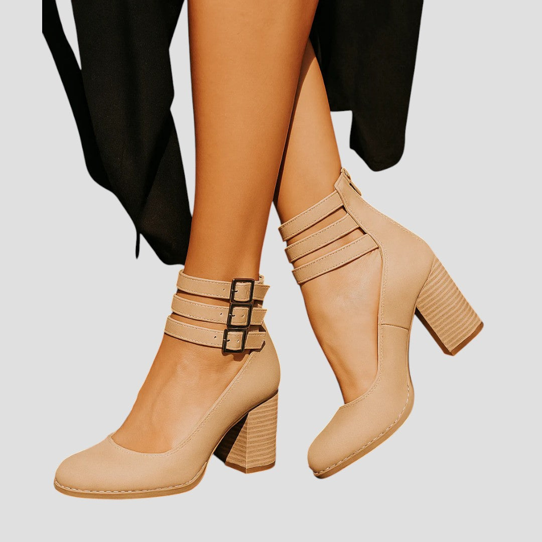 Women's Heel Shoes | Triple Buckle Ankle Strap & Block Heel