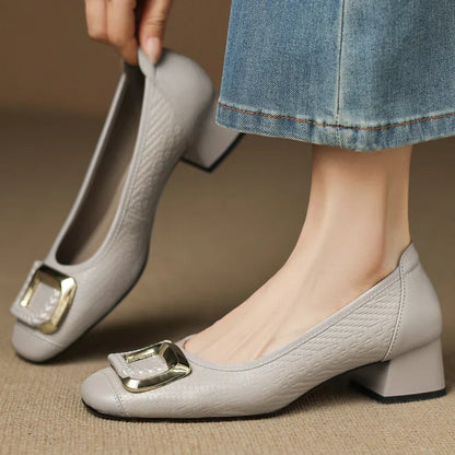 Women's Heels | Block Heel & Gold Buckle Square Toe Design