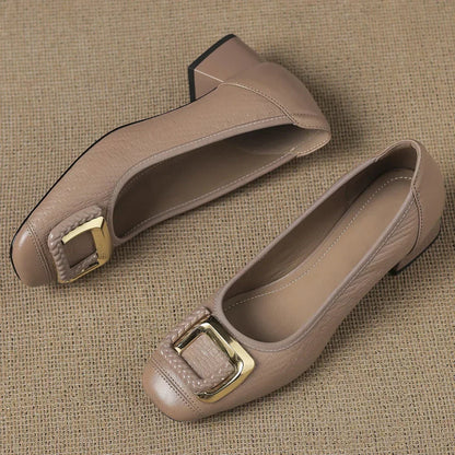 Women's Heels | Block Heel & Gold Buckle Square Toe Design