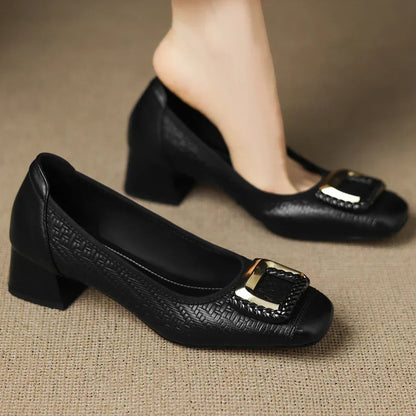 Women's Heels | Block Heel & Gold Buckle Square Toe Design
