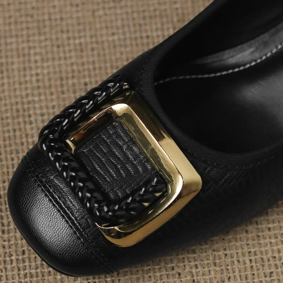 Women's Heels | Block Heel & Gold Buckle Square Toe Design