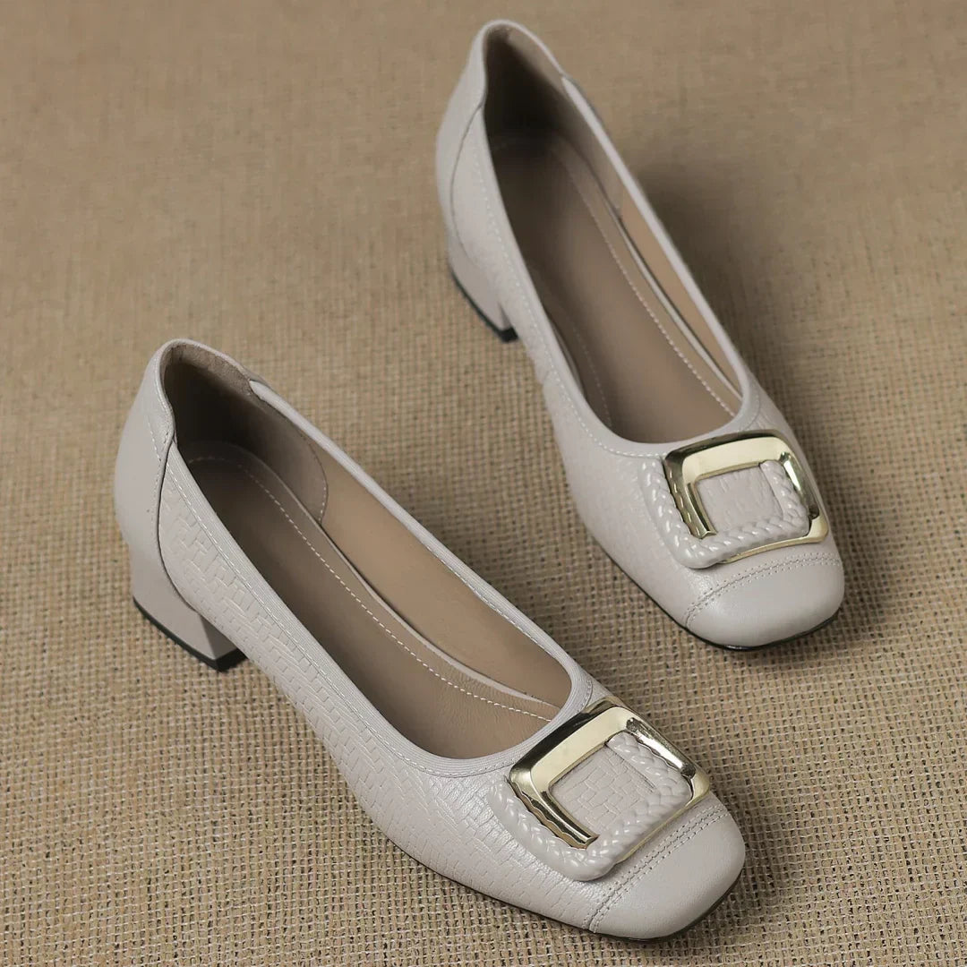Women's Heels | Block Heel & Gold Buckle Square Toe Design