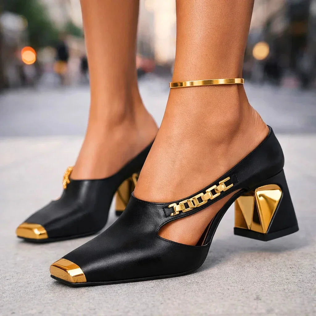 Women's Heels | Gold Metallic Block Heel & Cutout Design