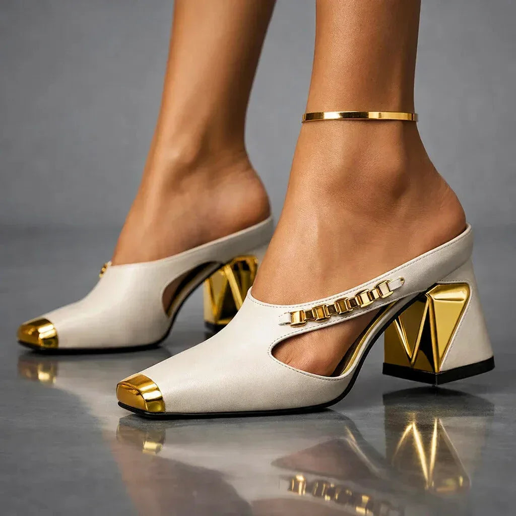 Women's Heels | Gold Metallic Block Heel & Cutout Design