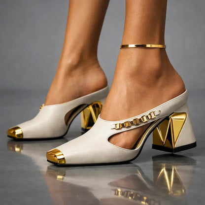 Women's Heels | Gold Metallic Block Heel & Cutout Design