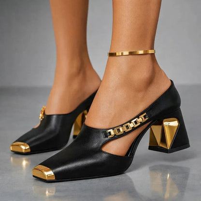 Women's Heels | Gold Metallic Block Heel & Cutout Design