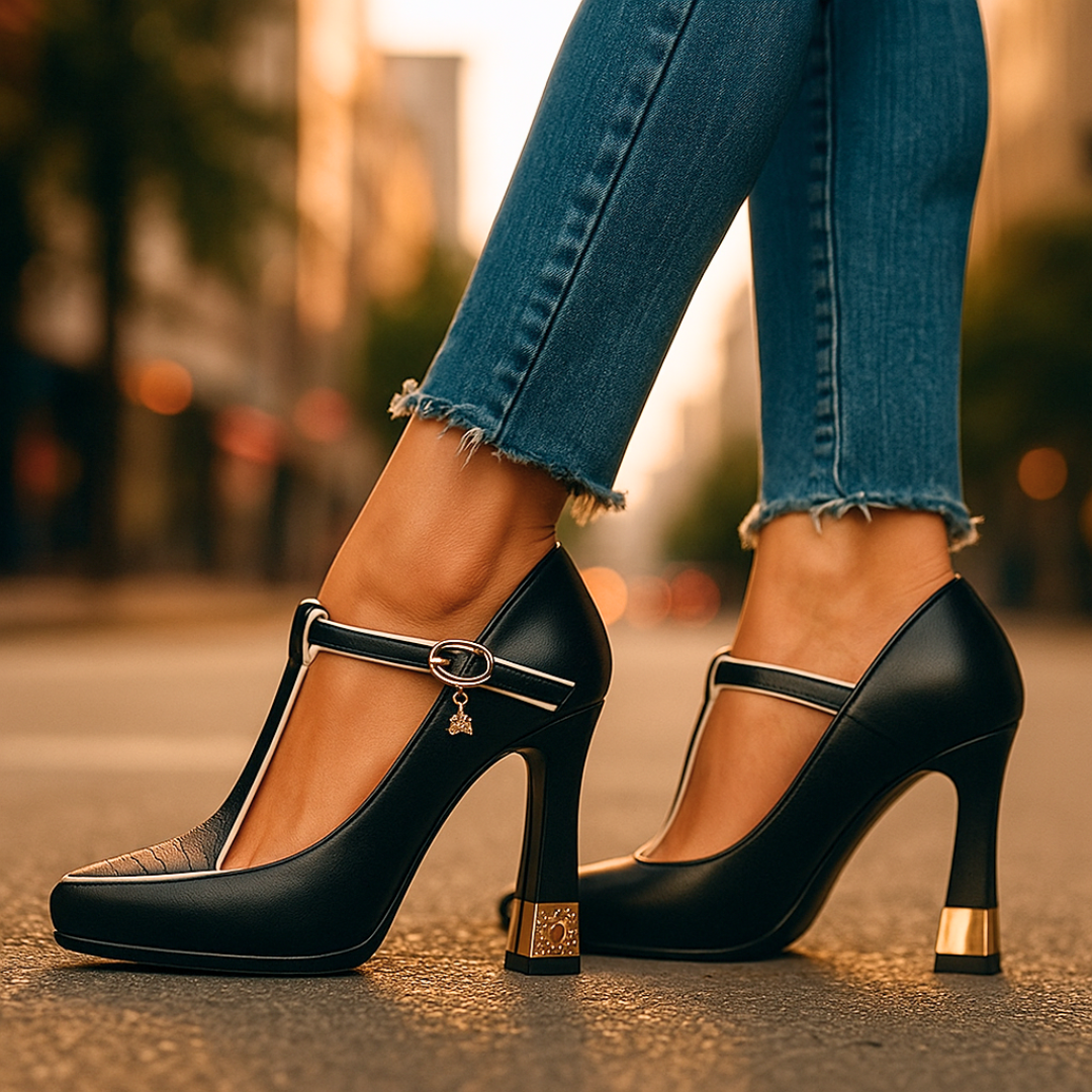 Women's Heels | T-Strap Pointed Toe & Gold Studded Block Heel