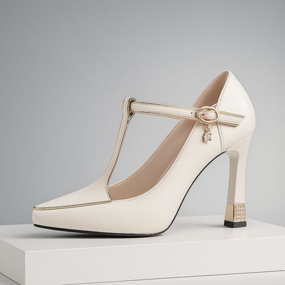 Women's Heels | T-Strap Pointed Toe & Gold Studded Block Heel