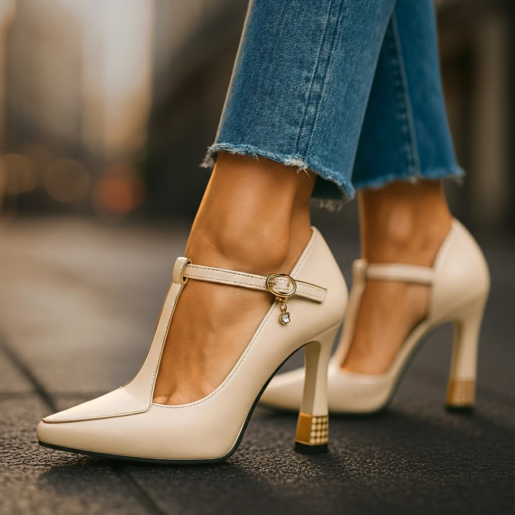 Women's Heels | T-Strap Pointed Toe & Gold Studded Block Heel
