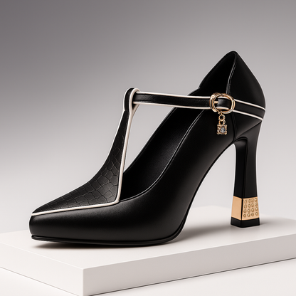 Women's Heels | T-Strap Pointed Toe & Gold Studded Block Heel