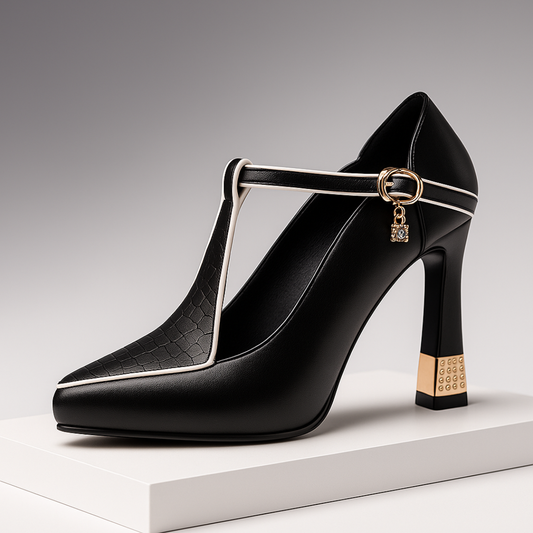 Women's Heels | T-Strap Pointed Toe & Gold Studded Block Heel