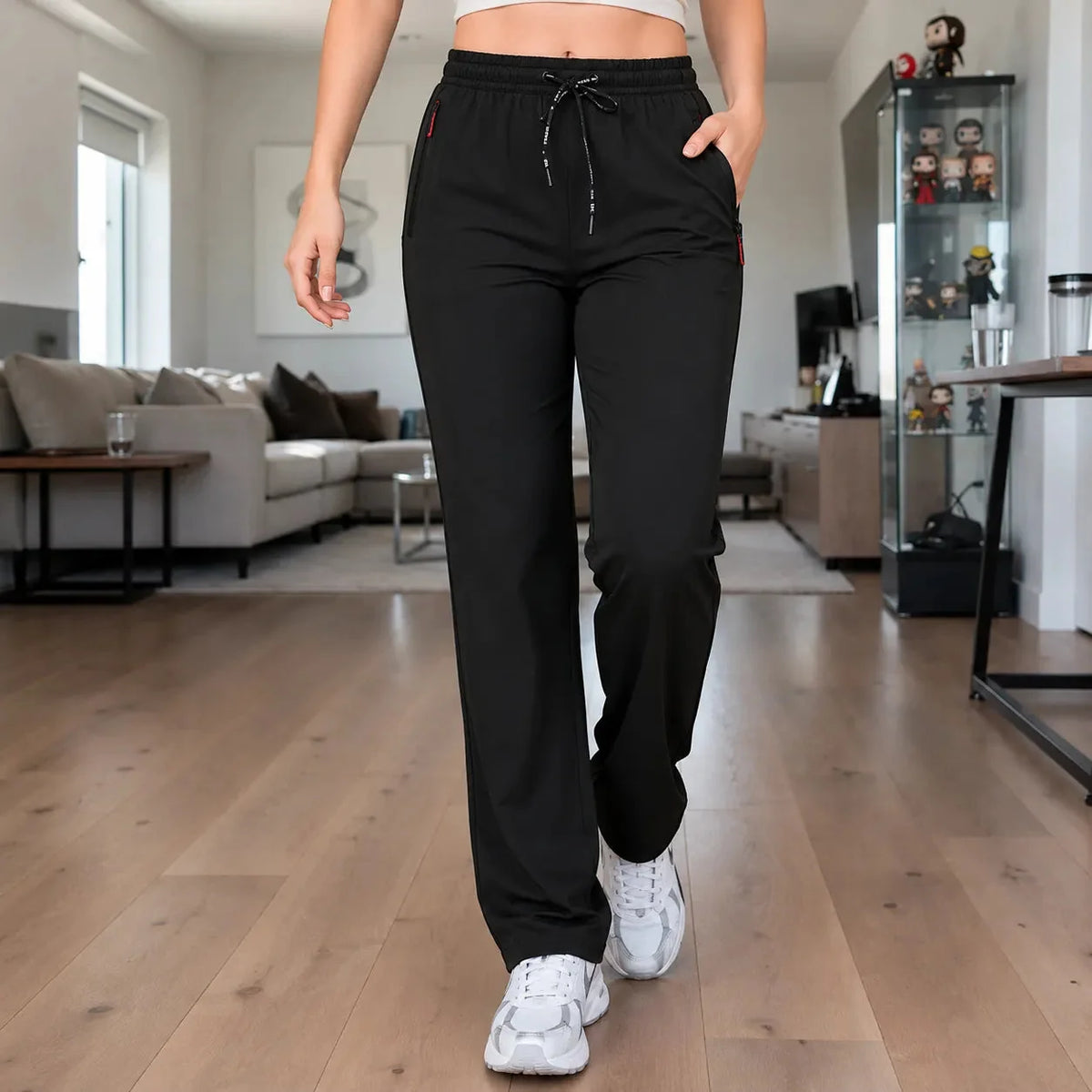 Women's High Waist Pants Zip Pockets Straight Leg Stretch