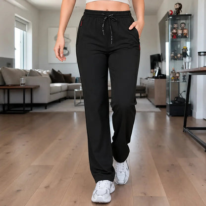 Women's High Waist Pants Zip Pockets Straight Leg Stretch