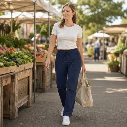 Women's High Waist Pants Zip Pockets Straight Leg Stretch