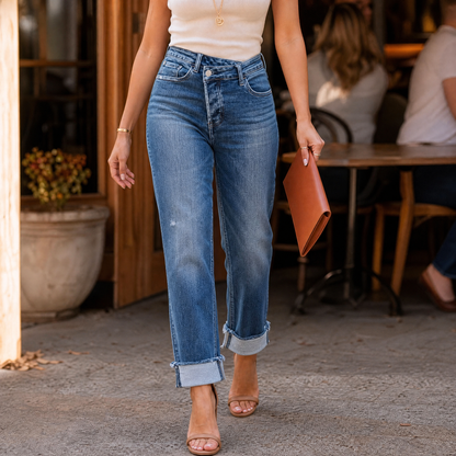 Women's High-Waisted Crossover Jeans | Straight-Leg & Stretch Comfort