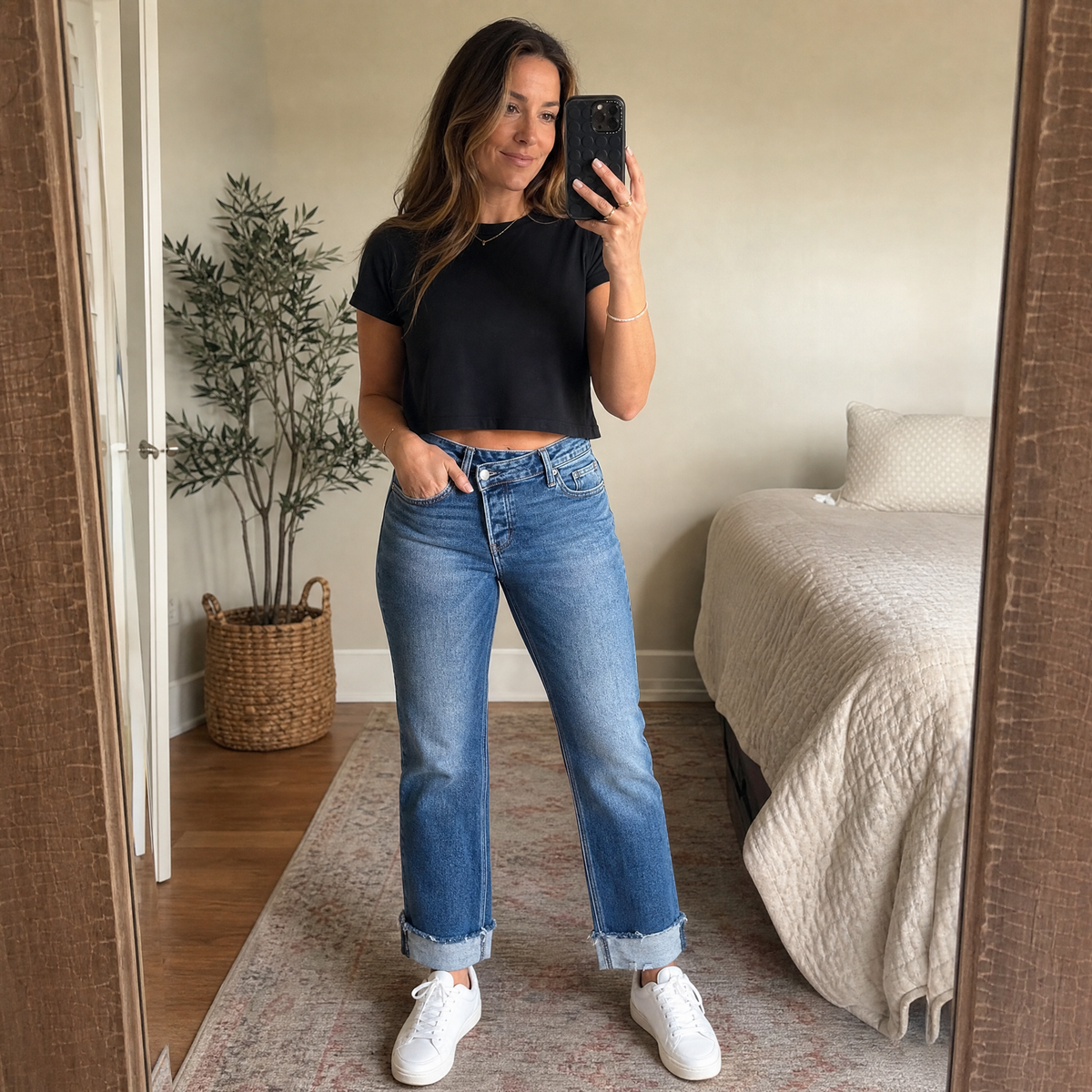 Women's High-Waisted Crossover Jeans | Straight-Leg & Stretch Comfort