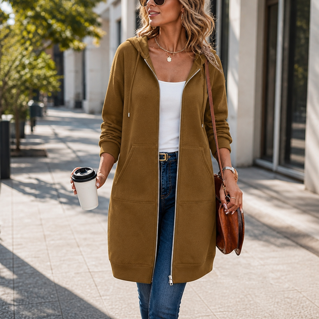 Women's Hooded Cardigan | Zip-Front & Mid-Length Fit