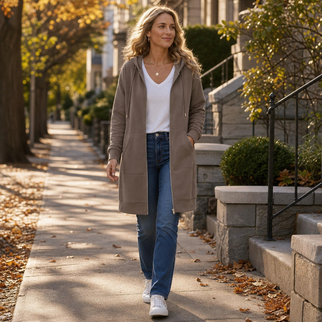 Women's Hooded Cardigan | Zip-Front & Mid-Length Fit