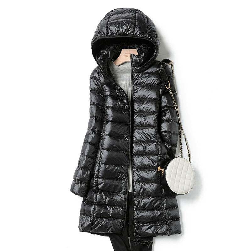 Women's Hooded Longline Puffer Jacket - Quilted Style for Winter Wear