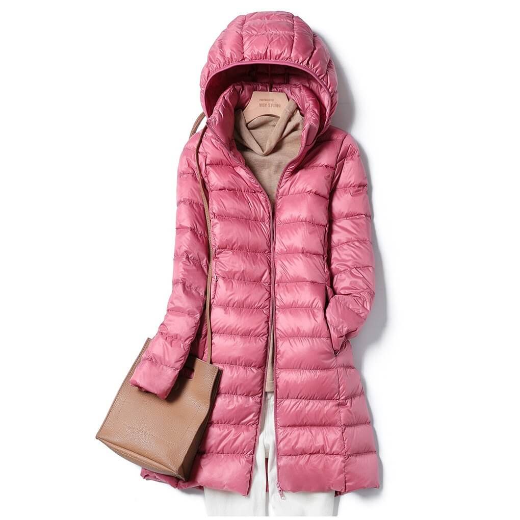 Women's Hooded Longline Puffer Jacket - Quilted Style for Winter Wear