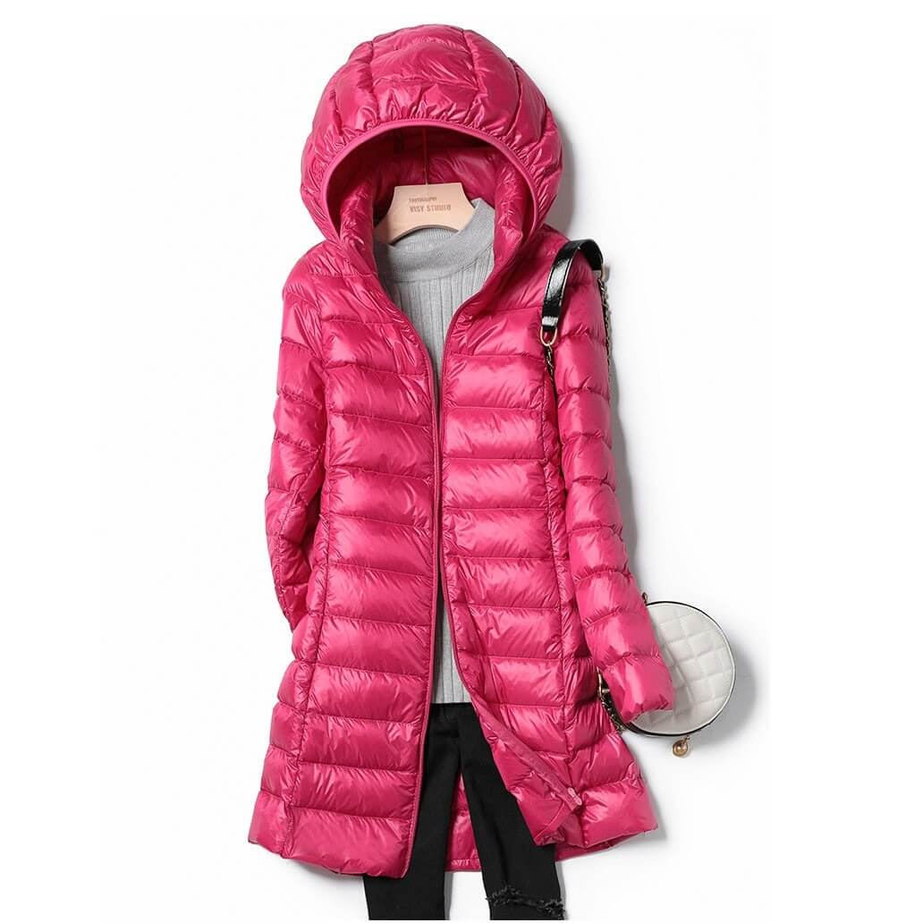 Women's Hooded Longline Puffer Jacket - Quilted Style for Winter Wear