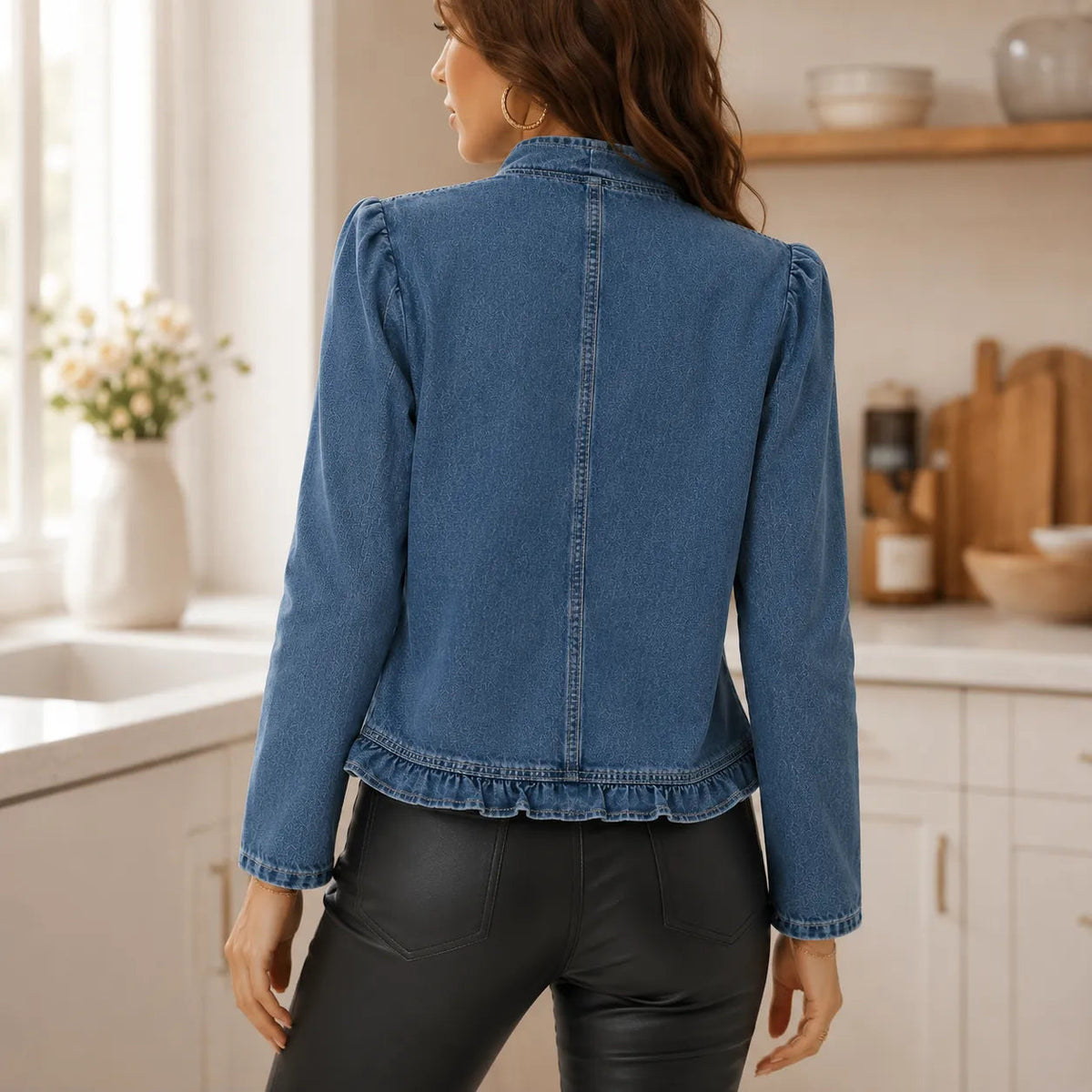 Women's Jacket | Open Front & Ruffle Trim