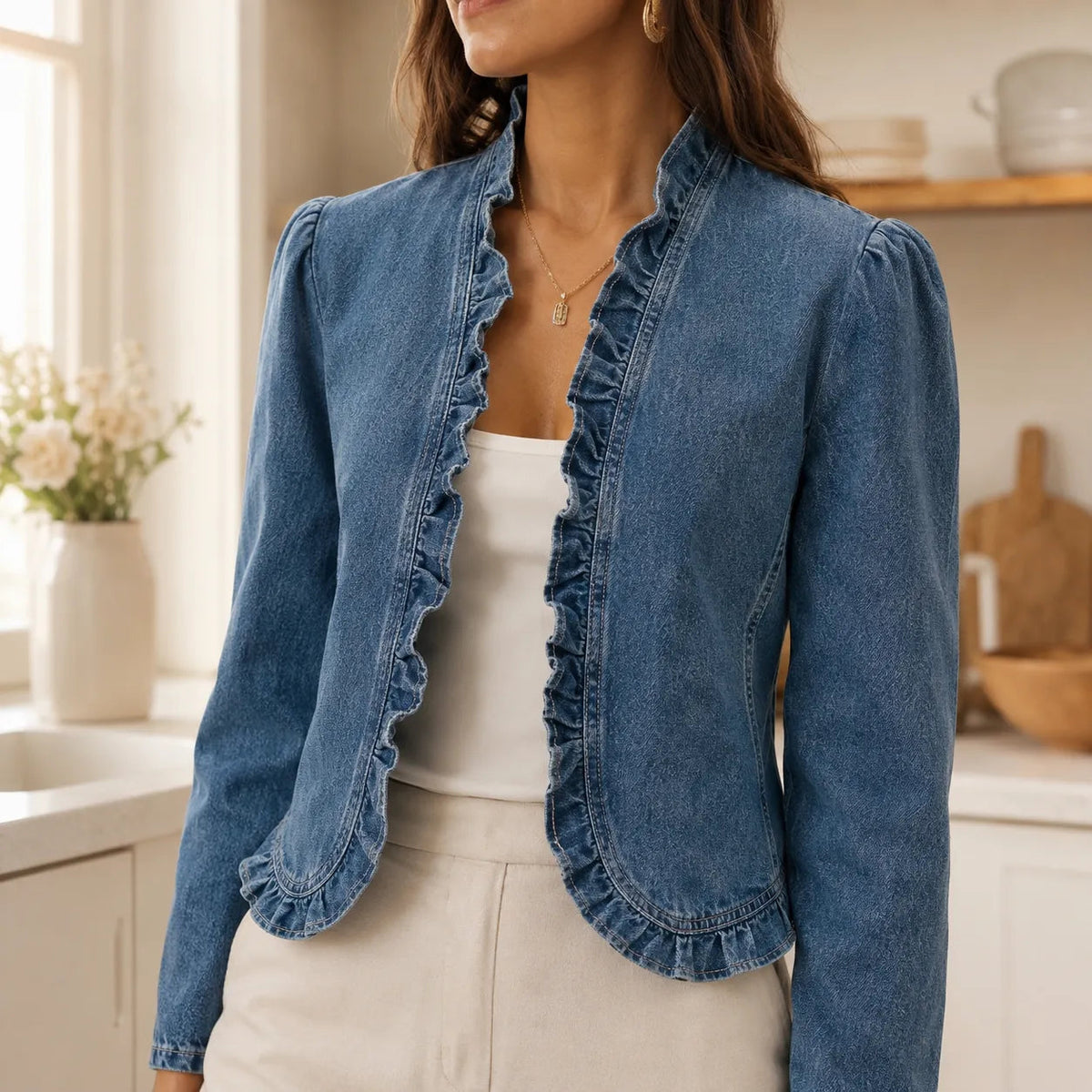 Women's Jacket | Open Front & Ruffle Trim