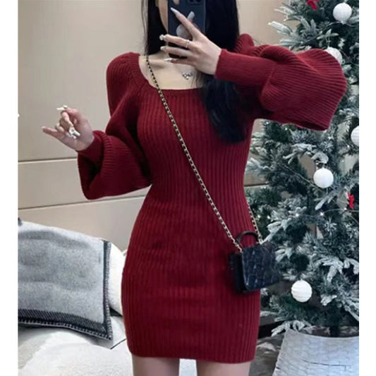 Women's Knit Dress | Puff Sleeves & Square Neckline