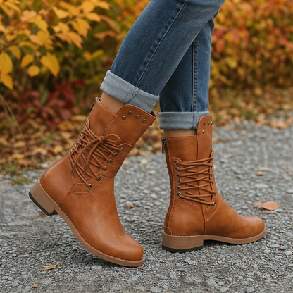 Women's Lace-Up Boots Stud Detail Low Block Heel Zip