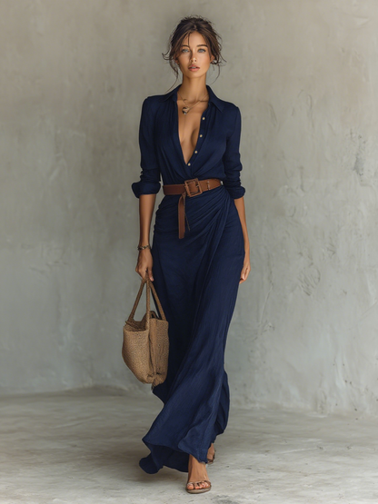Women's Long Dress | Elegant Wrap Style & Belted Waist